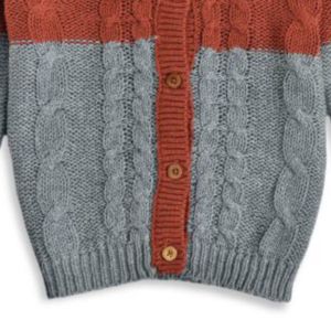 Cardigan en tricot torsadé pour femme, orange et gris, à blocs de couleur, manches longues, col rond, fermeture boutonnée, style décontracté, 100 % acrylique, pour l'automne - Product Image 5