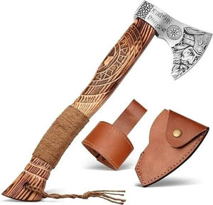 Hache de survie artisanale de qualité industrielle avec manche en bois, lame en acier forgé, hache de bûcheron pour l'extérieur avec étui en cuir - Product Image 1