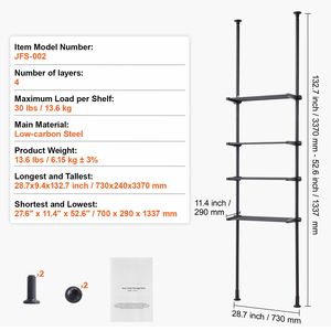 Étagère de rangement réglable à 4 niveaux pour toilettes, 53'-132" de hauteur, en acier à faible teneur en carbone, étagère de salle de bain écologique - Product Image 4