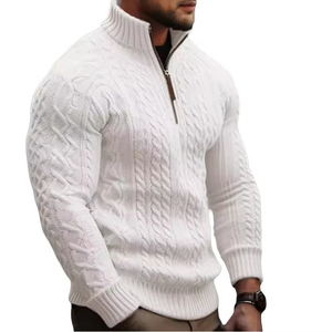Pull en maille pour homme à col montant zippé, en laine et acrylique, épais, anti-boulochage, à manches longues, couleur unie, idéal pour l'hiver - Product Image 2