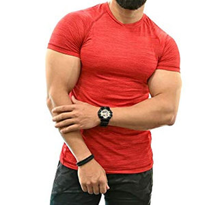 T-shirt de sport personnalisé pour homme en polyester/coton, rouge chiné, séchage rapide, col rond, manches courtes, coupe classique, performance d'entraînement, OEM - Product Image 1