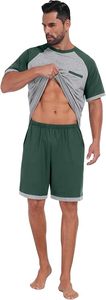 Conjunto de pijama de dos piezas para hombre, talla grande, informal, de verano, con bloques de color, 100% algodón tejido, camiseta de manga corta con bolsillo y pantalones cortos. - Product Image 4