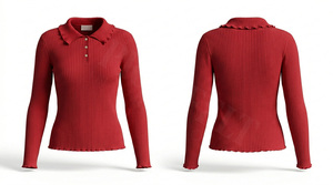 Polo côtelé 100 % haute qualité avec détails boutonnés personnalisés et col à volants, manches longues, doux et confortable, style tendance - Product Image 5