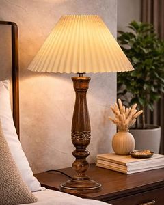 Lámpara de Pie de Madera Rústica Hecha a Mano con Pantalla de Tela Plegada y Acabado de Grano Natural para Dormitorio, Hogar u Hotel - Product Image 4