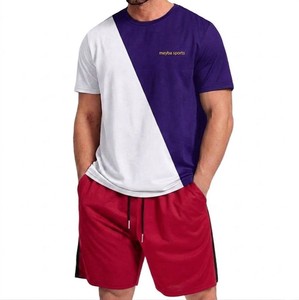 Conjunto Deportivo de Verano para Hombre Meyba Sports, Camiseta con Bloques de Color y Pantalones Cortos, Secado Rápido, Cuello Redondo, Rojo, Blanco y Morado - Product Image 1
