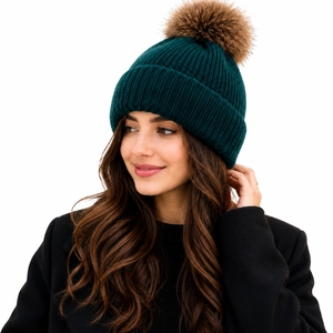 Bonnet unisexe en tricot côtelé doux, avec revers plié, style classique, couleur vert-bleu foncé, pour l'hiver, tissu de qualité supérieure - Product Image 1