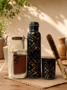 Black Engraved Metal Water <b>Bottle</b> Set with Copper Tumbler Carry Bag and Cleaning <b>Brush</b> Oriental Design Portable Travel Drinkware - Product Image 3