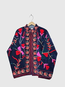 Veste en velours brodée de fleurs, col mandarin, manches longues, style Prairie Chic, vêtements d'hiver pour femmes grandes tailles - Product Image 1