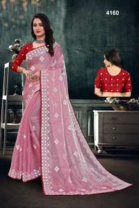 Sari en Georgette de Luxe, Broderie Lisse en Fil de Coton Blanc Lourd, Assorti à une Blouse en Soie Satinée Contrastante, Idéal pour les Fêtes Indiennes - Product Image 3