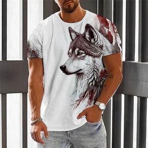 T-shirt pour homme blanc avec logo frontal imprimé loup, respirant, manches courtes, col rond, jersey décontracté en coton, coupe classique - Product Image 3