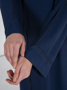 Women Long Navy Blue Solid Color Polyester Abaya Lightweight Daily Wear <b>Hijab</b> Style Dress Full Length V-Neck Design - Product Image 5
