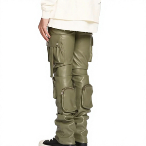 Pantalon cargo pour homme en PU vert olive, coupe droite, plusieurs poches, taille élastique, style vêtements de travail, à porter en automne - Product Image 2