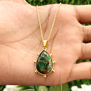 Trendy jewelry mohave copper turquoise teardrop pendant <b>necklace</b> solid brass 18k gold plated beaded designer <b>statement</b> <b>necklace</b> - Product Image 4