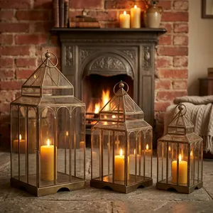 Artisan Design Rectangle <b>Brass</b> and Glass <b>Lantern</b> Set with Candle Holder for Home Decoration - Product Image 2