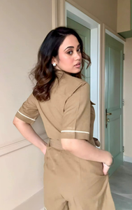 Vestido Corto de Mujer con Cinturón, Ecológico, con Botones, Color Oliva, Corte en A, de Algodón y Lino, Estilo Casual, Retro, Estampado Sólido - Product Image 2