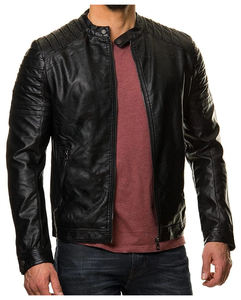 เสื้อแจ็คเก็ตหนังแท้สำหรับผู้ชาย สไตล์ไบค์เกอร์ ทรงเข้ารูป ซิปเฉียง หนังแกะ แจ็คเก็ตคลาสสิก หนังแท้ - Product Image 3