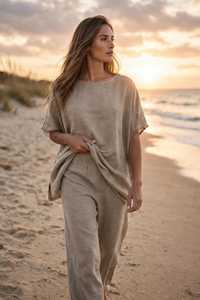 Ensemble décontracté d'été pour femme : haut à manches courtes en lin et coton beige et pantalon large coupe ample - Product Image 5