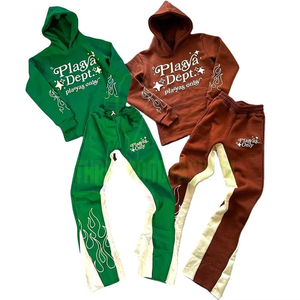 Custom Puff Printed With Flare Pants Tracksuit Heavyweight Cotton Blank Oversized Hoodie 3D Graphic Flare Leg Joggers <b>Set</b> Women - Product Image 4