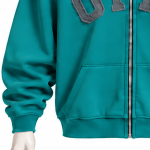 Teal Mens <b>Zip</b> Up <b>Hoodie</b> Chenille Letter Patch Heavyweight Fleece Oversized Casual Streetwear Sweatshirt with Kangaroo <b>Pockets</b> - Product Image 6