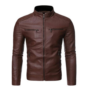 Men's Brown PU <b>Leather</b> Moto <b>Jacket</b> Stand Collar Zipper Closure Slim Fit Regular Sleeve Solid Color Autumn Style - Product Image 1