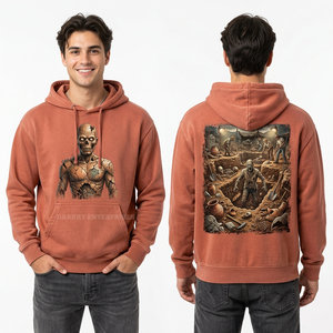 Sweat à capuche personnalisé pour homme, rose pêche, imprimé graphique Woodcut Zombie Farm, streetwear, pull en molleton de coton épais - Product Image 2