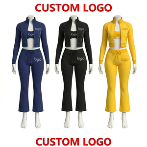 Custom Yoga Gym Fitness Tracksuit Sportswear Fitness Top Jacket and Leggings and bra <b>Sets</b> 3 Piece Active Wear <b>Set</b> for Women - Product Image 3