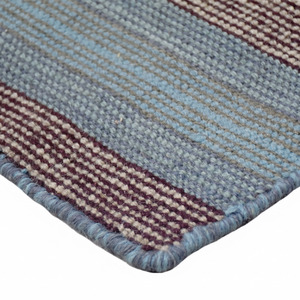 Tapis en laine DECORDEC à rayures verticales bleu poussière, marron et ivoire, antidérapant, écologique, tissé, pour salon, chambre et hôtel - Product Image 5