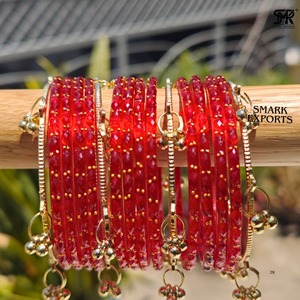 Luxury Handmade <b>Red</b> Kashmiri Raindrop Glass Bangle Set with Ghungroo Bridal Ethnic Jewelry for Women - Product Image 6
