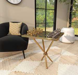 Mesa de ajedrez moderna de metal con marco dorado y tapa de vidrio para sala de estar, mueble decorativo - Product Image 5