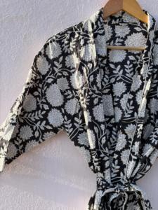 Peignoir Kimono Floral Noir pour Femme, Léger en Coton, Robe de Chambre d'Été, Tenue de Spa, Robe de Plage avec Ceinture - Product Image 3