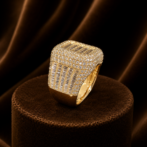 Baguette Cut Moissanite <b>Iced</b> Out <b>Ring</b> Round Shape Vermeil Yellow Gold Square Cluster Wedding Band for Men's - Product Image 2