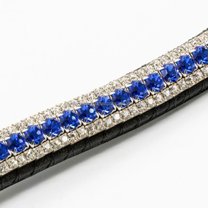 Frontal de cheval en cuir fantaisie personnalisé, orné de cinq rangées de cristaux bleus et dorés, de strass et de chaînes de diamants, pour taille Full Cob - Product Image 5