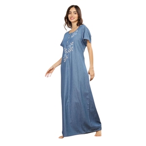 Chemise de nuit longue en coton pour femmes, manches courtes, col rond, broderie florale, vêtements de nuit décontractés, bleu - Product Image 1