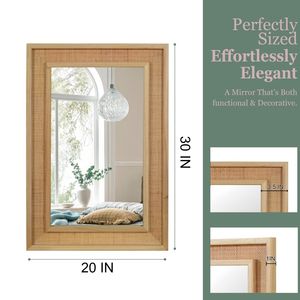 Specchio Decorativo Rettangolare 20"x30" con Cornice in Legno Massello e Rattan, Colore Legno Naturale, per Bagno, Casa, Ingresso, Stile Rustico - Product Image 5