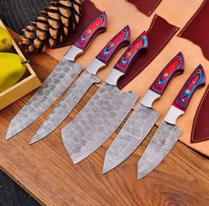 Cuchillos de chef de Damasco hechos a mano de alta calidad, juego de 5 piezas con mango personalizado y estuche de cuero para usos múltiples y ecológicos. - Product Image 2