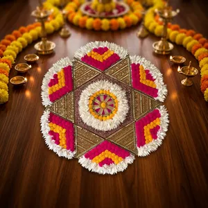 Décoration d'intérieur artisanale en forme de fleur Rangoli avec pompons roses et jaunes, style bohème, art de table pour salon, utilisation en intérieur - Product Image 5