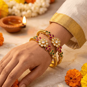 Juego de Brazaletes Tradicionales de Imitación de Oro con Rubíes, Esmeraldas y Piedras Blancas, Joyería Étnica Clásica para Bodas, para Mujeres y Niñas - Product Image 2