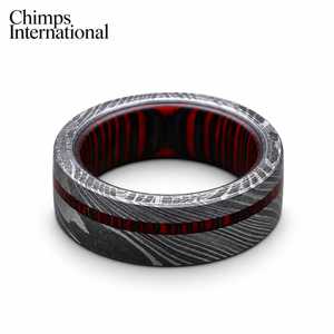 Chimps International Traditional Damascus <b>Steel</b> Wedding Band with Red Pakka Wood Inlay Unisex Ring | Damascus <b>Steel</b> <b>Jewelry</b> - Product Image 5