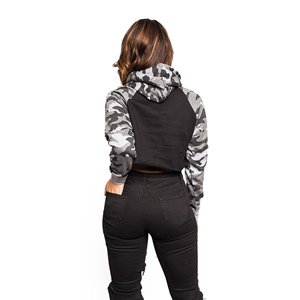 Sweat-shirt à capuche court pour femme, manches camouflage, noir, tricoté, à manches longues, pull décontracté pour l'automne - Product Image 2