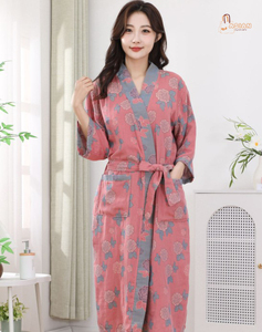 Bata de algodón con estampado floral para mujer, cuello en V, manga tres cuartos, longitud completa, suave, informal, para dormir o como albornoz - Product Image 5