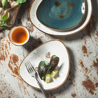 YAYU OEM Assiette à sashimi rétro populaire pour restaurant et hôtel, en porcelaine mouchetée, assiette triangulaire en céramique blanche et verte émaillée pour salade
