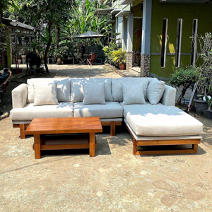 Sofa <b>Set</b> <b>6</b>-10 Seat Table and <b>Chairs</b> Outdoor Wooden Sectional Sofa <b>Set</b> with Coffee Table and Beige Cushions - Product Image 4