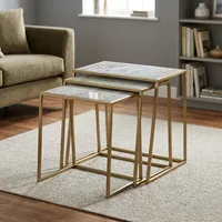 Ensemble de trois tables gigognes modernes en fer et marbre, avec cadres en métal doré, tables d'appoint empilables, meubles de salon