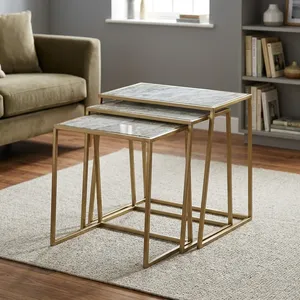 Modern Iron Marble <b>Nesting</b> <b>Tables</b> <b>Set</b> Of Three Gold Metal Frames Stackable Accent <b>Tables</b> Living Room Furniture - Product Image 3