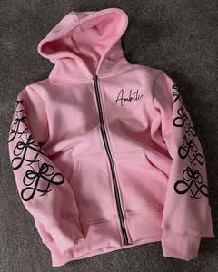 Sweat-shirt rose à capuche zippé avec imprimé Ambition et motif lettres sur les manches, unisexe, décontracté, en polaire, pour l'automne - Product Image 3