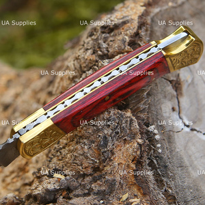 Cuchillo Plegable de Damasco Forjado a Mano con Empuñadura de Madera Pakka y Bolster de Latón Grabado, Cuchillo de Bolsillo, Venta al por Mayor OEM ODM Directo de Fábrica - Product Image 6