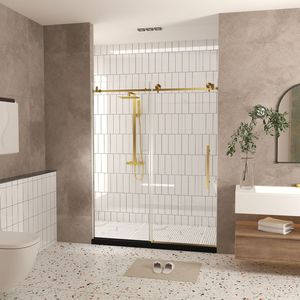 Porta Doccia Senza Telaio 60'' L x 76'' A in Vetro Temperato con Pellicola Antiesplosione, Maniglia in Acciaio Inox Spazzolato Oro, Trasparente 1/4'' (6mm) - Product Image 3