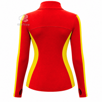Ensemble de sport pour femme NSPDK rouge avec panneaux latéraux contrastants dorés, veste à col montant et fermeture éclair intégrale, leggings taille haute, ensemble de vêtements de sport