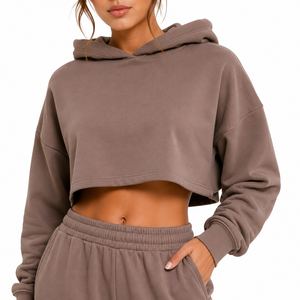 Ensemble sweat-shirt à capuche 2 pièces marron pour femme, coupe ample, manches longues, décontracté, en molleton de coton uni, avec poche - Product Image 1