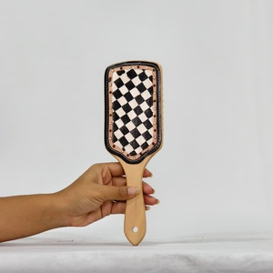 Wooden Hair Brush With <b>Leather</b> Inlay Geometric Pattern <b>Rivet</b> Detail Handle <b>leather</b> inlay handle Handmade - Product Image 1